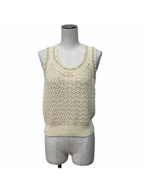 Chanel Logo Patch Openwork Sleeveless Mesh Knit Ivory 38 Sweater